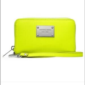 NEW Michael Kors Leather Zip Wristlet Wallet Mlt Funt Phn Case Neon Yellow